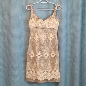 Vintage Sz 4 champagne brocade and ivory lace cocktail dress